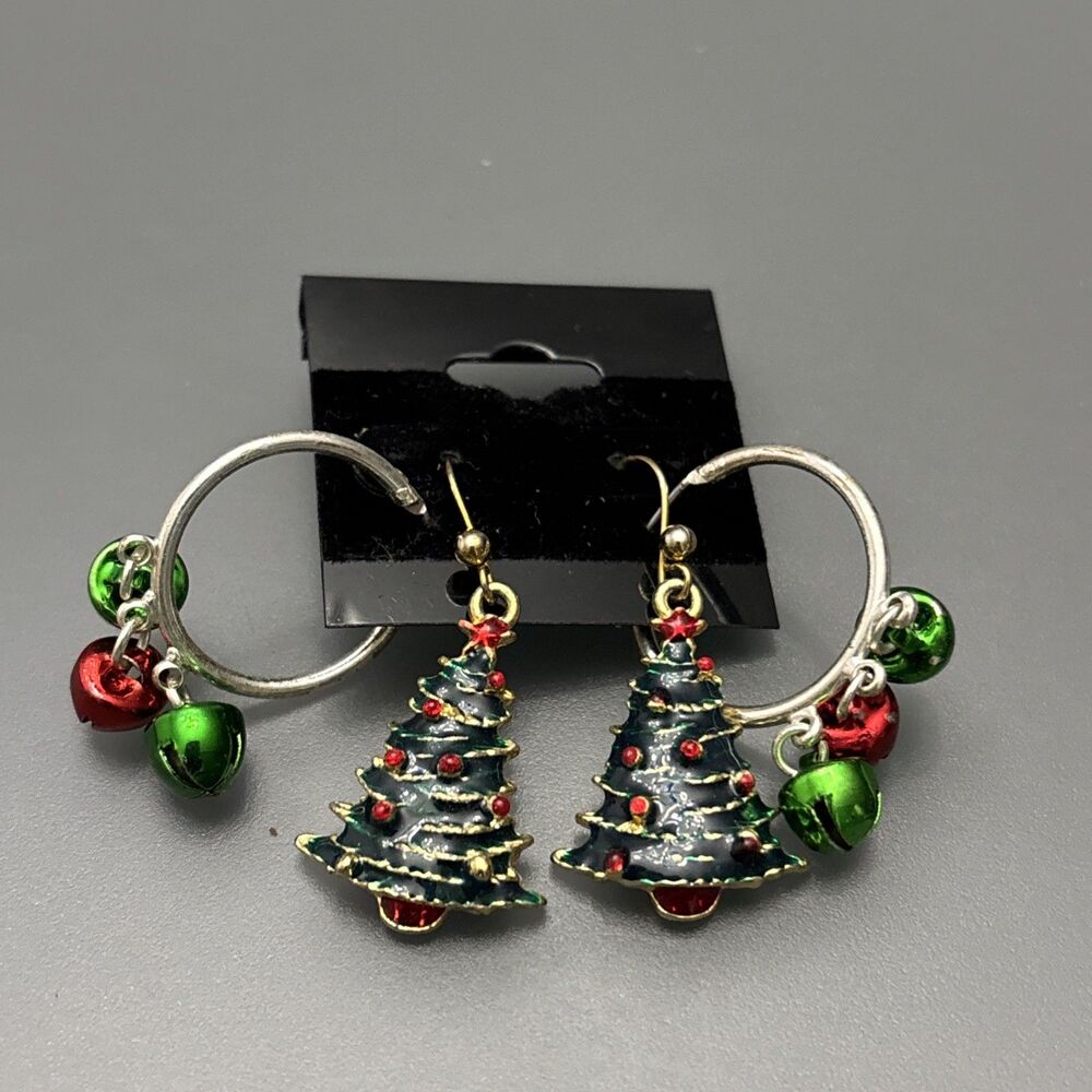 2 Christmas Holiday Bell Earrings Silver Tone Enameled Tree Vintage Fun Kitschy